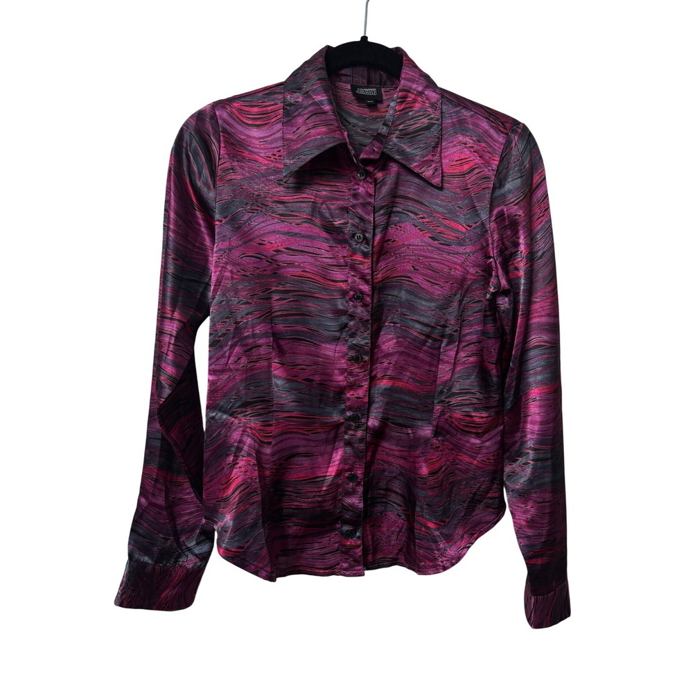 Y2K Jacob Purple Abstract Wave Print Satin Blouse Long Sleeve Button Down Womens